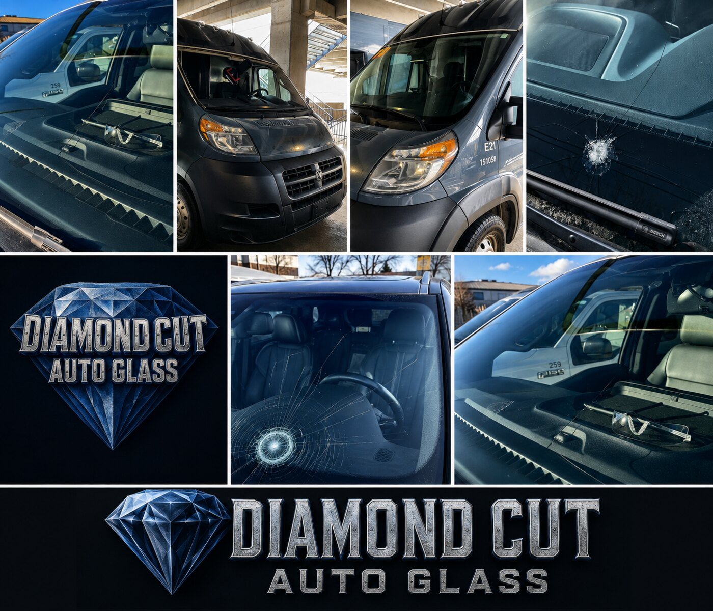 Diamond Cut Auto Glass job collage with fleet vans, cracked and finished windshields