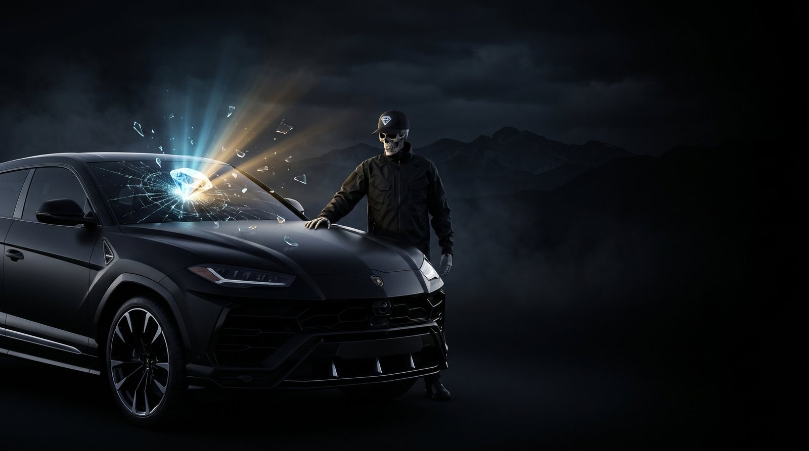 Diamond Cut Auto Glass, skull glass specialist beside a luxury SUV with a diamond of light bursting from the windshield