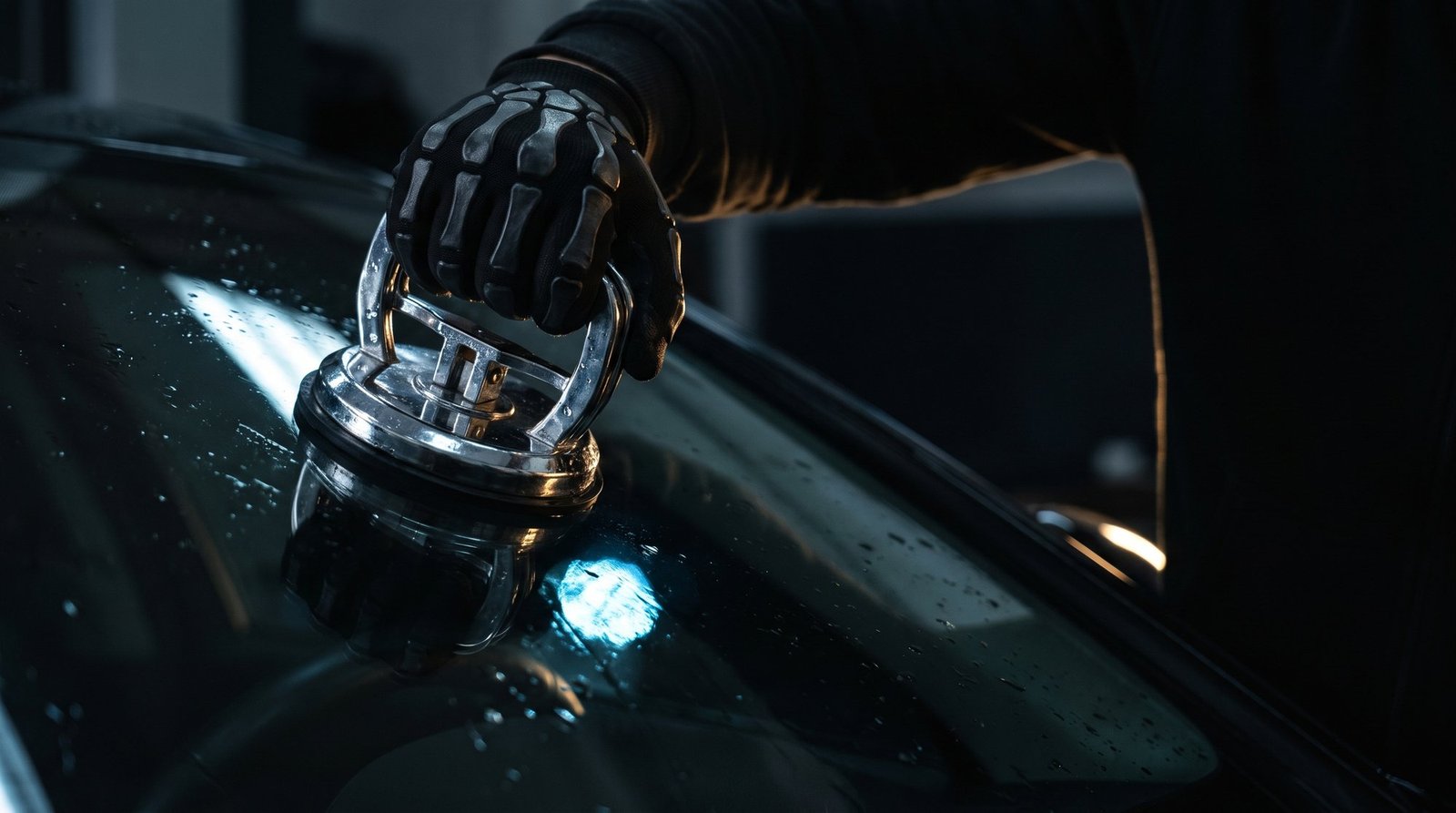 Glass technician setting a windshield with a professional suction tool